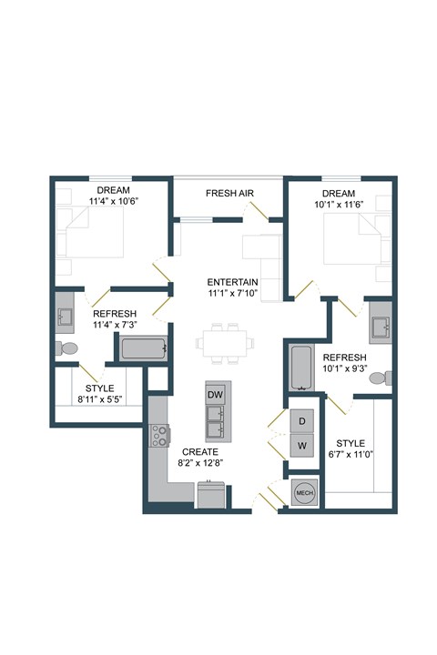 Floor plan for 2 beds, 2 baths, 1055 sqft